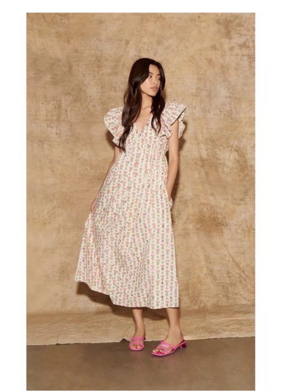 ANTHROPOLOGIE SAYLOR Darya Floral Ruffle Sleeve Midi Dress in Cream and Pink
